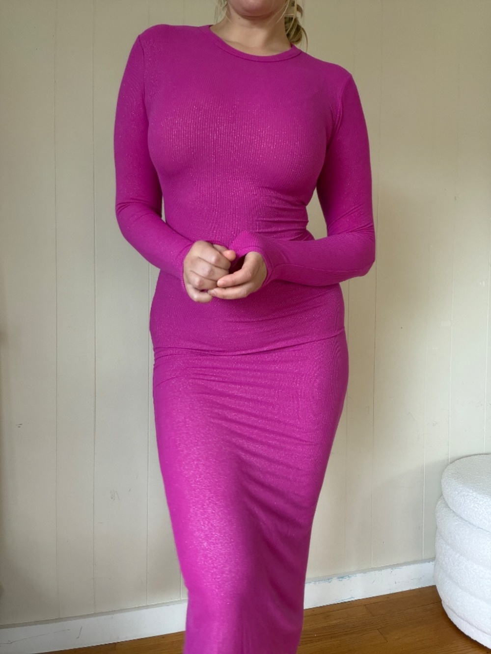 SKIMS Soft Lounge Fuchsia, Pink, Foil Ribbed Maxi Dress Long Sleeve Dress Size M